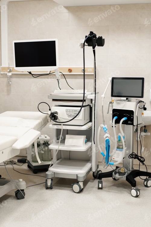 Preview: Medical equipment for gastroscopy in the office of the clinic a couch for patients and gastroscopy