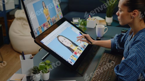 Preview: Close up of retouching software on touch screen at studio