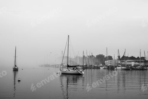 Preview: Grayscale shot of sailing boats on Lake Macatawa on a gloomy day in Michigan