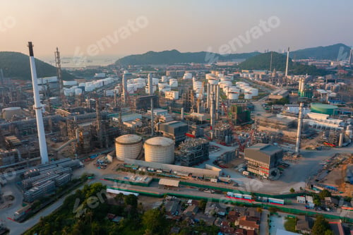 Preview: Aerial view of petrochemical oil refinery and sea in industrial engineering concept in Bangna