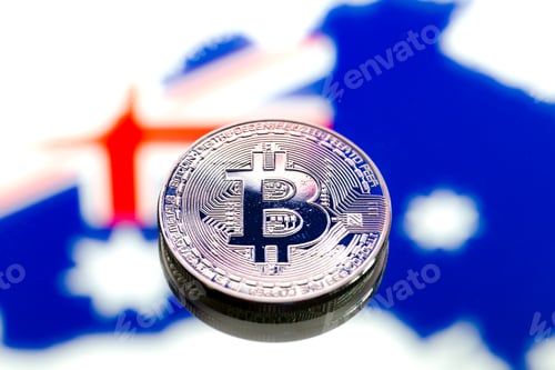 Preview: Coins Bitcoin, against the background of Australia and the Australian flag.