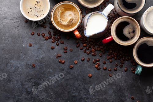 Preview: Many cups of coffee on stone table