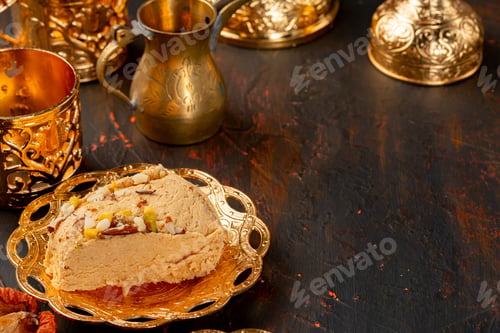 Preview: Piece of turkish halva on metal plate