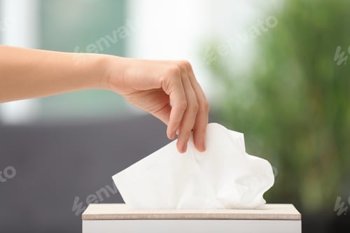 Preview: Woman taking paper tissue from holder on blurred background, closeup