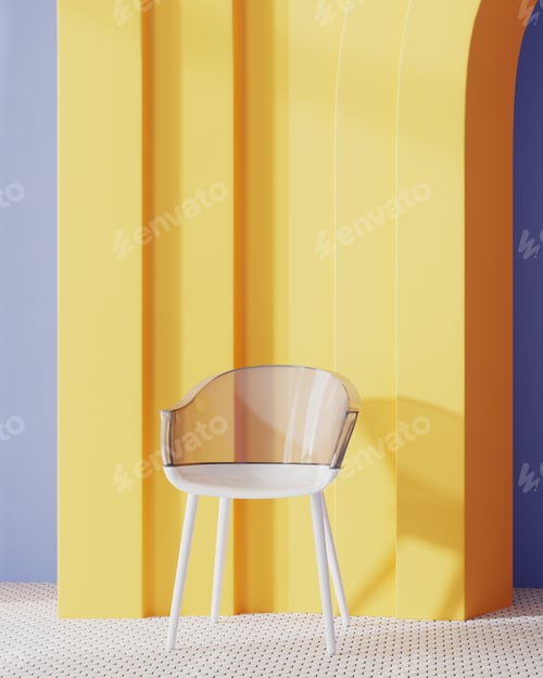 Preview: Stylish chair with transparent plastic back with yellow arch and blue wall on background
