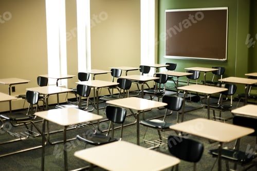 Preview: Classroom with empty desks and chalkboard