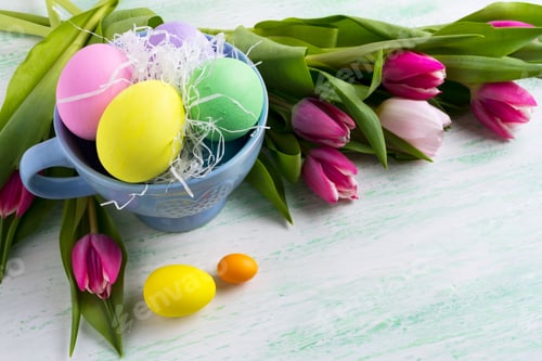 Preview: Easter holiday symbol painted eggs in blue cup and pink tulips b