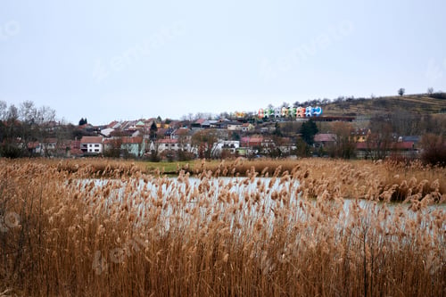 Preview: City near the water with reeds and buildings in the background, Velke Pavlovice, czech republic