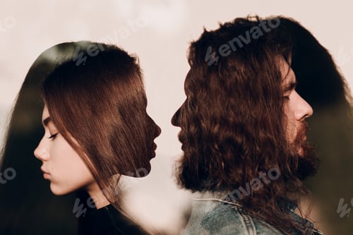 Preview: Couple of young man and woman portrait. Relationship, love and hate concept