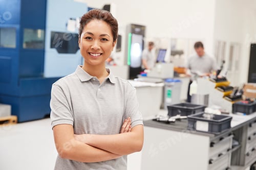 Preview: Portrait Of Female Engineer On Factory Floor Of Busy Workshop