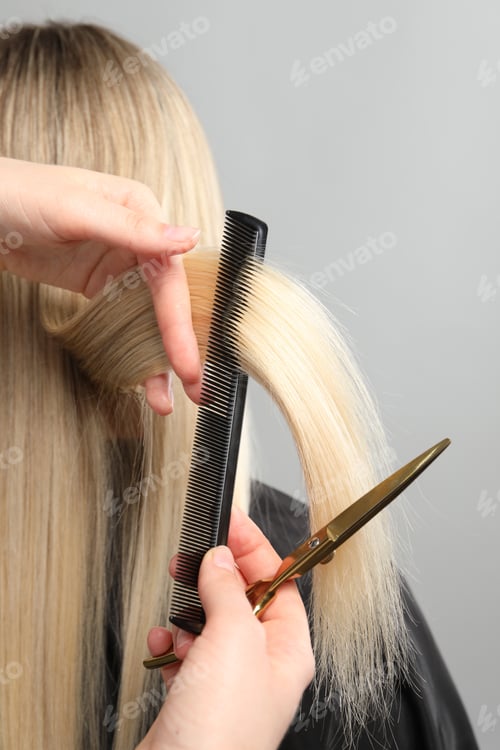 Preview: Hairdresser combing and cutting client's hair on light grey background, closeup