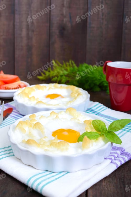 Preview: Delicate baked egg Orsini (eggs in the cloud). French breakfast.