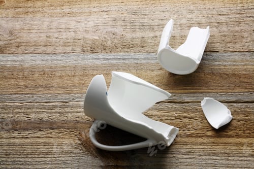 Broken White Cup on a Rustic Wood Surface