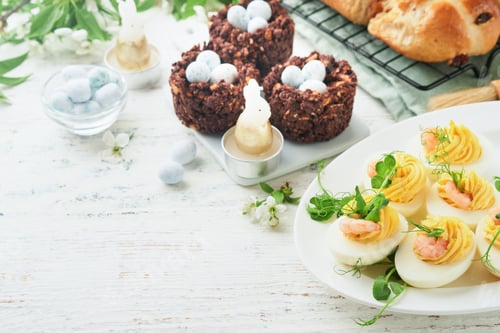 Preview: Stuffed or deviled eggs yolk, shrimp, pea microgreens with paprika for easter table decorate fresh c