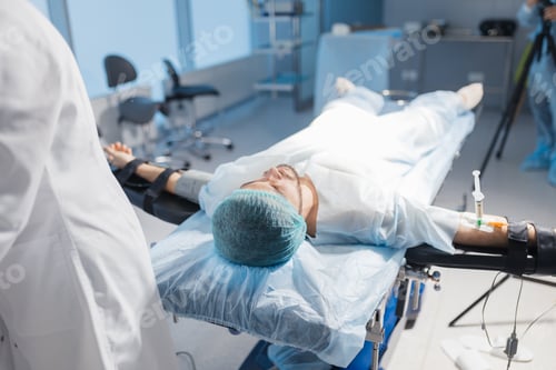 Preview: Male Patient with needle of the syringe is plugged into an intravenous catheter