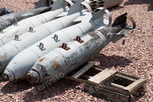 Preview: Various large bombs and rockets. Weapons of mass destruction. Bomb, rocket, projectile