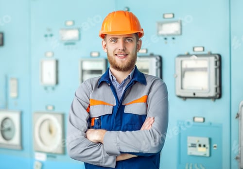 Preview: Portrait of young happy engineer at control room