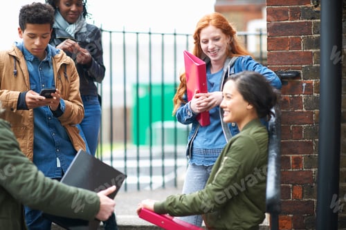 Preview: Young male and female college students chatting on campus