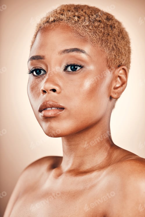 Preview: Skincare, bronze and black woman in studio with luxury cosmetics promotion, glowing skin and beauty