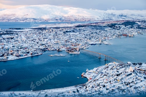 Preview: Aerial view of Tromso, Norway in winter from Storsteinen mountain.