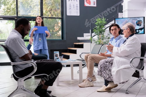 Preview: Senior doctor discussing disease diagnosis with asian patient during checkup visit consultation