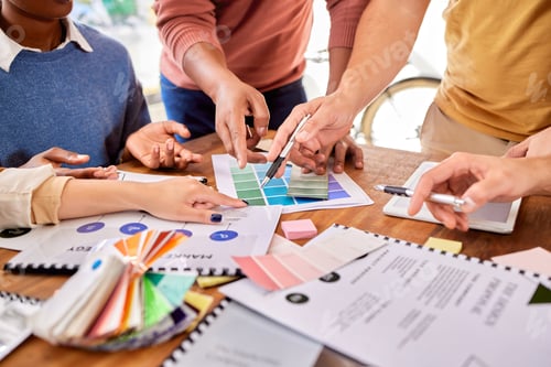 Preview: Hands, documents and strategy with a designer team working on a creative project together in the of