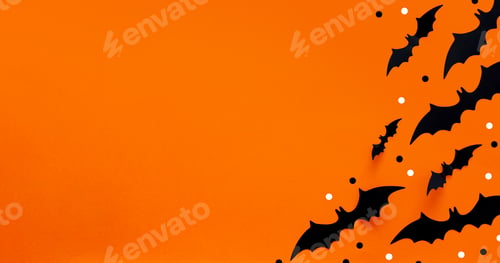 Preview: Hall flat lay composition of black paper bats fand pumpkins on orange background. Halloween concept.