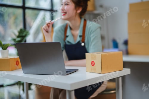 Preview: Asian female seller managing online sales and preparing packages for delivery