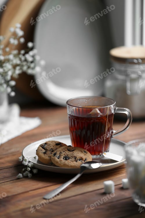Preview: Cup of freshly brewed tea and delicious cookies on wooden table, space for text