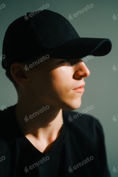 Preview: Portrait of stylish handsome caucasian man fashion model in t shirt and cap, studio shot.