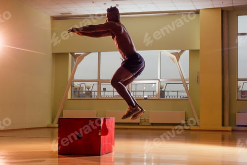 Preview: afro man doing exercise with a fit box in a gym