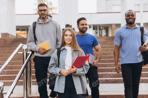 Preview: Diverse Group of Smiling College Students Walking on Campus Stairs with Backpacks and Books