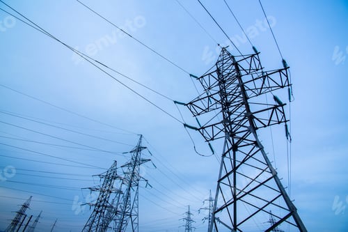 Preview: Electricity pylons on blue sky background. Power and energy. Energy conservation