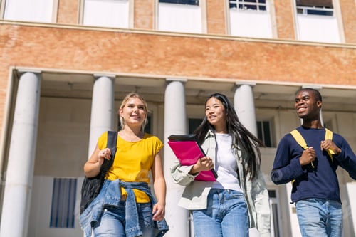 Visualização: Estudantes universitários multiétnicos caminhando fora do campus