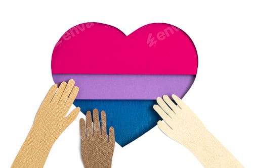 Preview: Bisexual flag in the form of paper cut out shape with blue, pink and violet colors. Love, pride