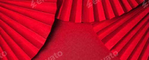 Preview: Chinese New Year .Decor pattern fan on red background. Red paper fans .Lunar New Year banner templa