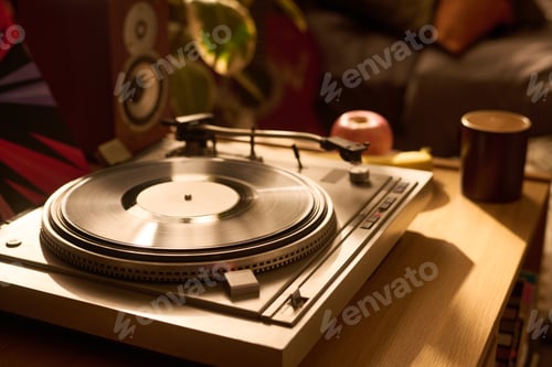 Preview: Vintage Turntable Playing Vinyl Record in Cozy Living Room Setting
