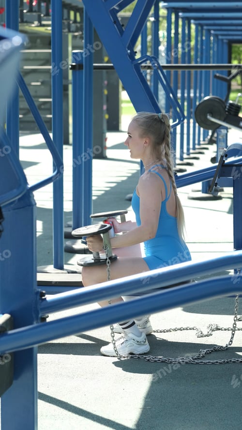 Preview: Seated on a bench, a woman in a blue workout suit lifts dumbbells above her head at an outdoor gym