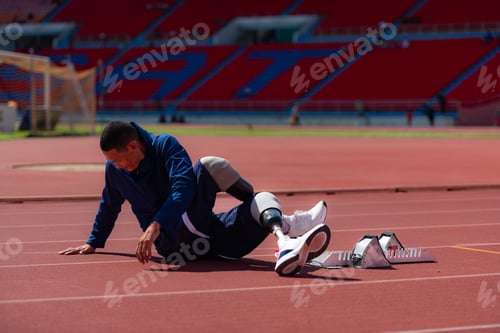 Preview: Disabled athletic man stretching and warming up before running on stadium track