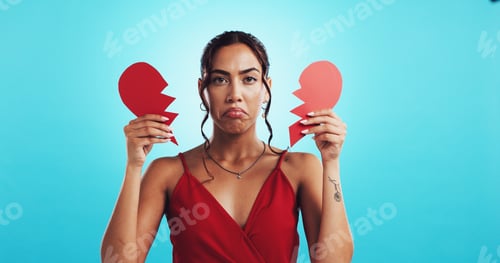 Preview: Heartbreak, sad and woman with paper heart, studio or girl with failed relationship or mockup space