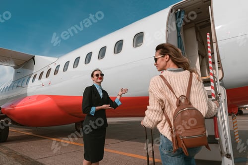Preview: Woman stewardess standing near airplane and inviting female passenger on board