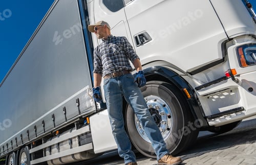 Preview: Semi Truck Driver Inspecting Rig in Bright Sunlight on a Clear Day