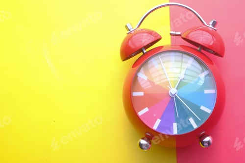 Preview: A Vibrantly Colorful Retro Alarm Clock Set Against a Bright and Cheerful Background