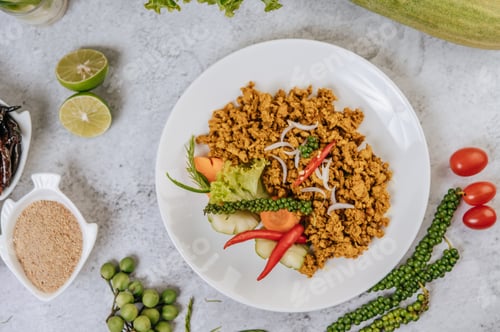 Preview: Herbs Fried chicken with Chili, Tomato, Cucumber, Carrot, and Fresh pepper.