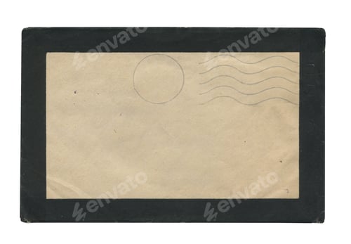 Preview: back view of old closed aged paper envelope with faded stamp print and black border frame
