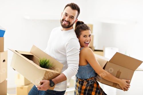 Preview: Happy adult couple moving out or in to new home