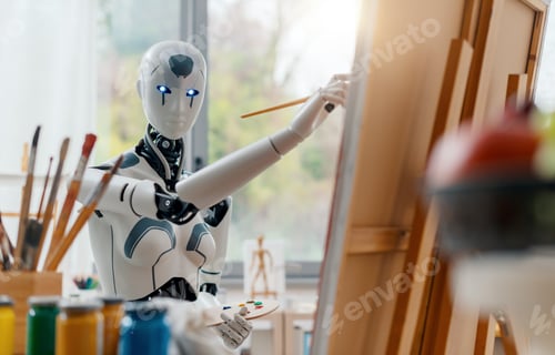 Preview: Humanoid robot painting on canvas