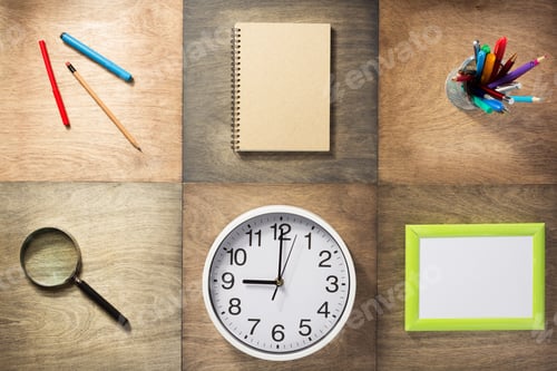 Preview: school supplies at wooden background