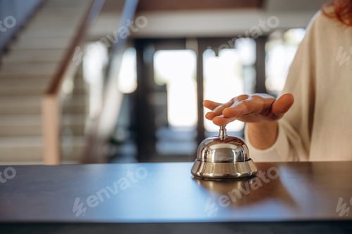 Preview: Rings the bell. Woman is at reception of the modern hotel