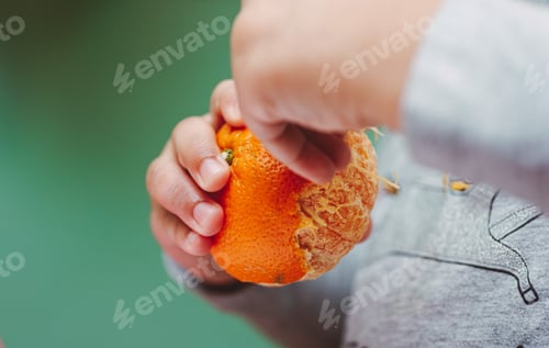 Preview: Toddler girl at home pealing an orange or clementine as a healthy snack